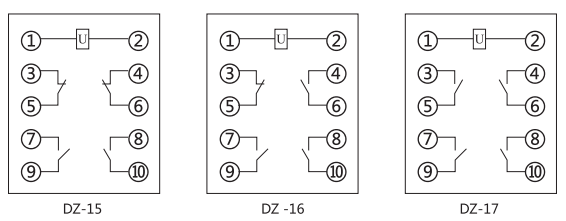 DZ-16中間繼電器內(nèi)部接線圖及外引接線圖(正視圖) DZ-16中間繼電器內(nèi)部接線圖及外引接線圖(正視圖)