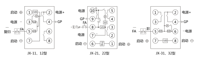 JX-32靜態(tài)信號(hào)繼電器內(nèi)部接線及外部引線圖 JX-32靜態(tài)信號(hào)繼電器內(nèi)部接線及外部引線圖